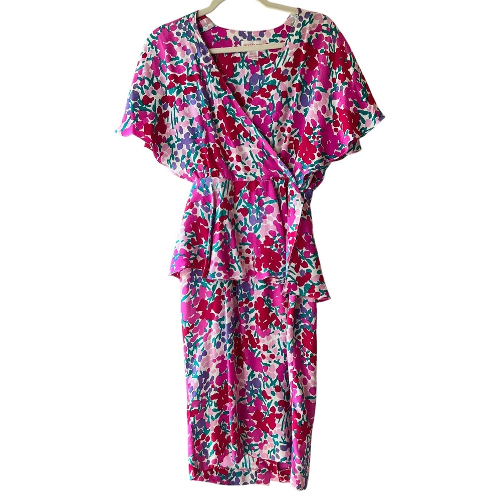 Jack Mulqueen Vintage Silk Dress Size 4 S‎ Bright Floral Peplum Wrap V-Neck 80s